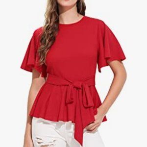 Red Ruffle SS Elegant Peplum Blouse Top with Belt